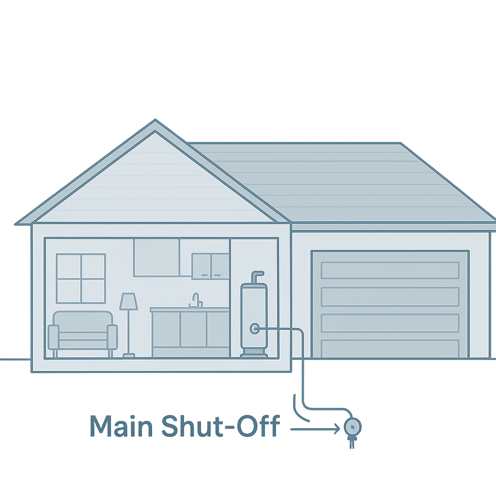 Diagram showing main water shut-off valve location in garage near water heater